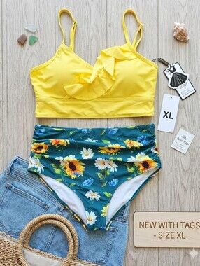 Women’s Yellow Ruffle Tankini Top with Green Floral High-Waist Bottoms